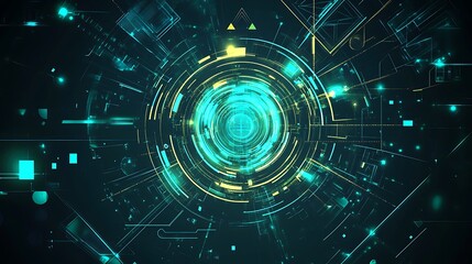 Abstract futuristic glowing blue and yellow ring with glowing lines, squares and circles on a dark background.