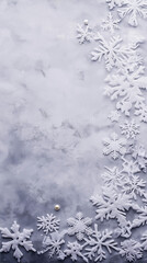 Delicate White Snowflakes on Frosty Gray Background with Copy Space