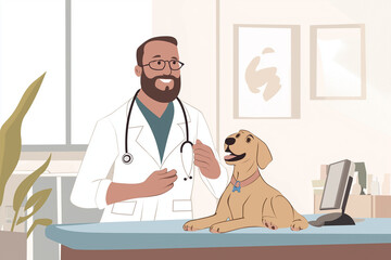 Veterinarian smiling with dog in veterinary clinic, warm and friendly atmosphere, caring and professional environment, copy space