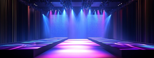 stage lighting setup for a high-end fashion show. Dynamic lighting effects with cool tones like blue and purple, casting elegant and dramatic shadows on the runway