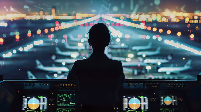 Female air traffic controller airport in the background, pressured environment, symbolizing business resilience