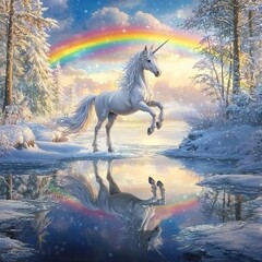 Obraz premium Christmas Unicorn Fantasy Rainbow Unicorn prancing over an icy lake reflecting a rainbow sky, Christmas Unicorn Fantasy Rainbow, winter fantasy and holiday beauty