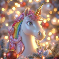 Christmas Unicorn Fantasy Rainbow Holiday-themed unicorn, rainbow mane and Christmas lights, 3D illustration