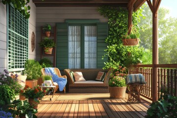 Naklejka premium Charming Porch Decor: Wicker Furniture and Greenery