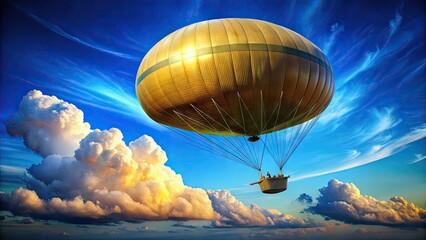 Obraz premium Historic Barrage Balloon Floating in the Sky Against a Blue Background, Symbol of Wartime Defense