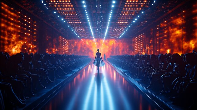 fashion runway during a live show. bright, focused runway lights illuminating the catwalk. Models are walking down the runway, wearing elegant, high-fashion clothing with intricate designs