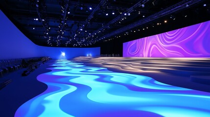 stage lighting setup for a high-end fashion show. Dynamic lighting effects with cool tones like blue and purple, casting elegant and dramatic shadows on the runway