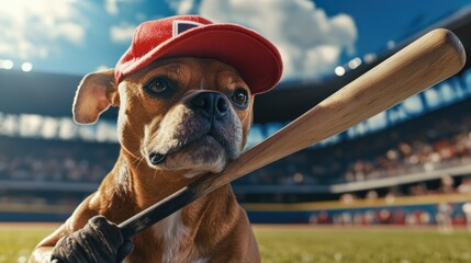 Cute dog wearing red cap holding baseball bat in stadium, ready for game - sport concept