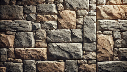 Fototapeta premium Close-Up View of a Stone Wall Surface with Rough and Uneven Stones, Visible Cracks, and Natural Imperfections. A Rugged and Organic Texture. AI-generated