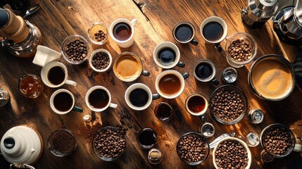 A coffee lover's paradise with a table full of different coffee beans, brewing methods, and cups, highlighting the variety and richness of the coffee experience