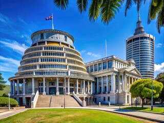 Obraz premium Iconic New Zealand Parliament Building and Beehive Structure in Wellington Against a Clear Blue Sky