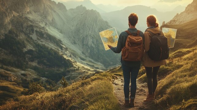 A couple holding maps in their hands, standing on a mountain trail that branches off in different directions, depicting the choices faced in journey