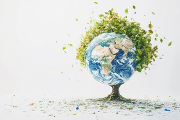 Planet vs. Plastics , Earth day 2024 concept 3d tree background. Ecology concept. Design with globe map drawing and leaves isolated on white background. with generative ai
