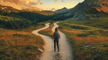 A hiker standing at the fork of two hiking trails, each leading to different scenery, symbolizing the choices we make that shape the journey of our lives