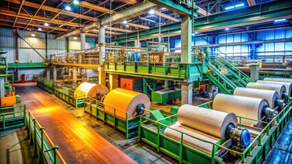 Industrial pulp and paper production process in a factory showcasing machinery and raw materials