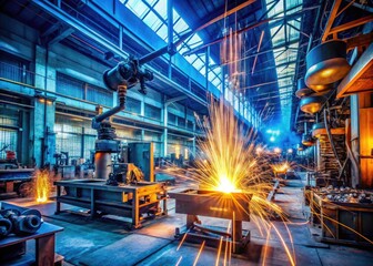 Industrial Welding Shop Interior with Equipment, Tools, and Sparks Flying in a Busy Workshop Setting