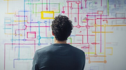 A man staring at a colorful flowchart drawn on a whiteboard, analyzing multiple pathways and options, symbolizing the strategic decisions faced in business and life