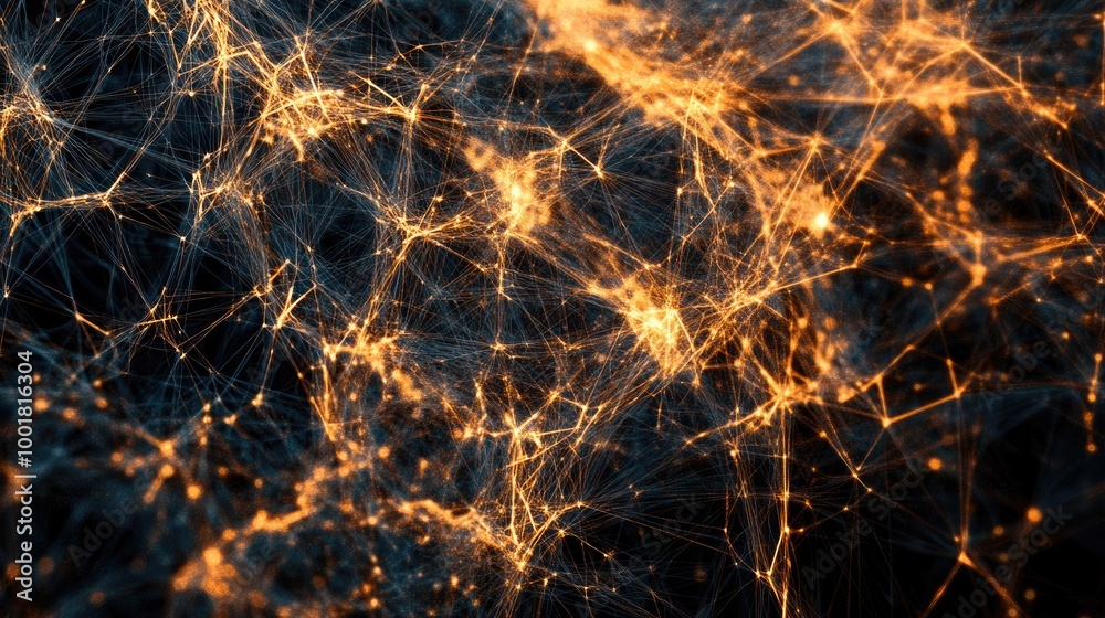Poster a network of abstract lines forming a complex web or net-like pattern, symbolizing connections, comm