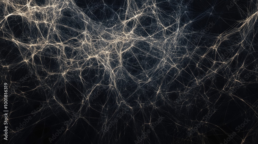 Poster a network of abstract lines forming a complex web or net-like pattern, symbolizing connections, comm