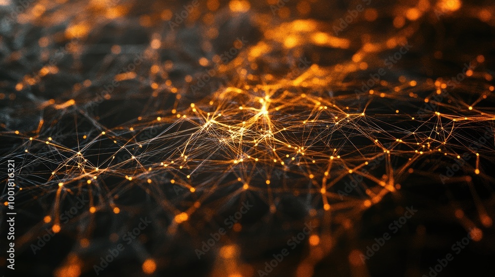 Poster a network of abstract lines forming a complex web or net-like pattern, symbolizing connections, comm