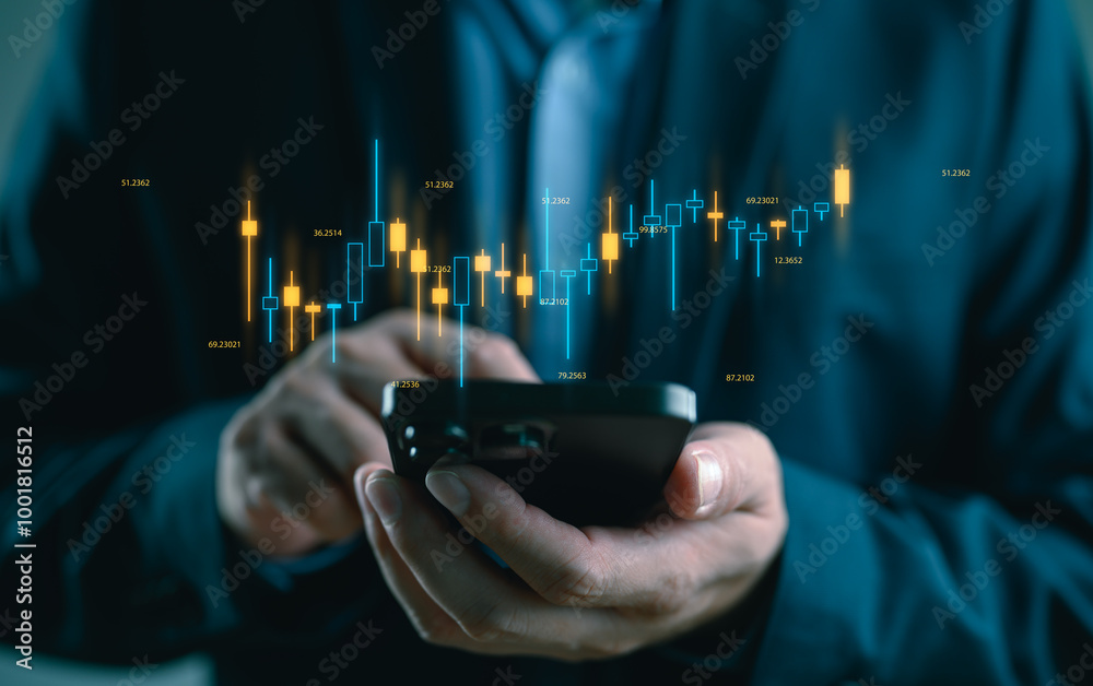 Poster a businessman or trader showing a growing virtual hologram stock on a smartphone, indicating an inve