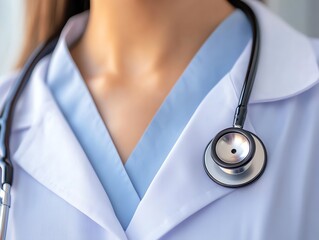 Close-up of a healthcare professional wearing a stethoscope, symbolizing medical care and professionalism in the healthcare field.