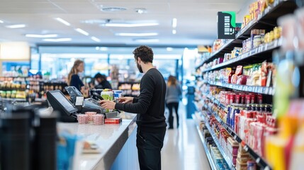 A retail store checkout counter with a cashier scanning items, customers waiting in line, and a bright, organized space showcasing various products