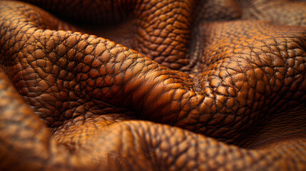 Fototapeta premium Leather texture, a close-up of an intricately textured surface of natural leather, material is rich in deep, warm brown tones, with fine, detailed creases and cracks running throughout