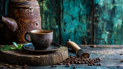 Rustic coffee setup with vintage cup and coffee beans