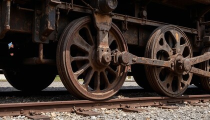 Close-up of rusty vintage train wheels on tracks, showcasing industrial decay and history