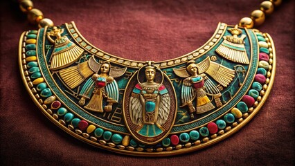 Intricate Gold Egyptian Necklace with Hieroglyphics and Ornate Design on a Dark Velvet Background