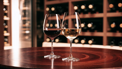 Two glasses of red and white wine placed on a wooden table in a wine cellar. Bottles are displayed in the background, creating an elegant atmosphere for wine tasting.
