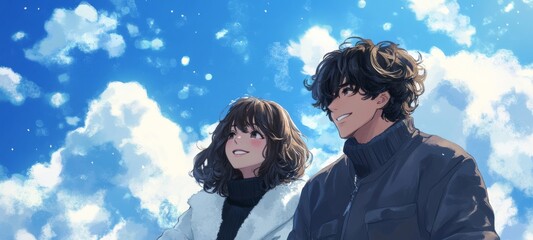 Happy couple sitting on the ice, gazing at clouds in a clear blue sky. 