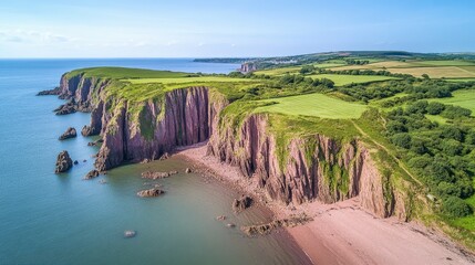 Obraz premium Rugged Coastal Cliffs with Lush Meadows and a Tranquil Beach