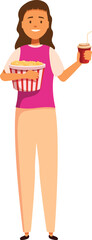 Young woman holding popcorn bucket and soda watching movie in cinema hall vector cartoon illustration