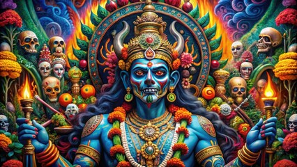 Intricate Representation of the Hindu God of Death Surrounded by Symbolic Elements and Textures