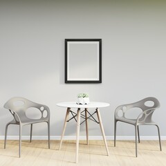 Mockup frame on table in living room interior on empty white wall background. 3D Rendering