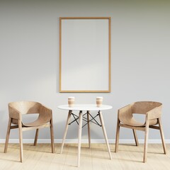 Mockup frame on table in living room interior on empty white wall background. 3D Rendering