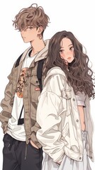 Fototapeta premium Stylish young couple standing together, the girl in jeans and an oversized white T-shirt , while the boy with curly hair wears a jacket.