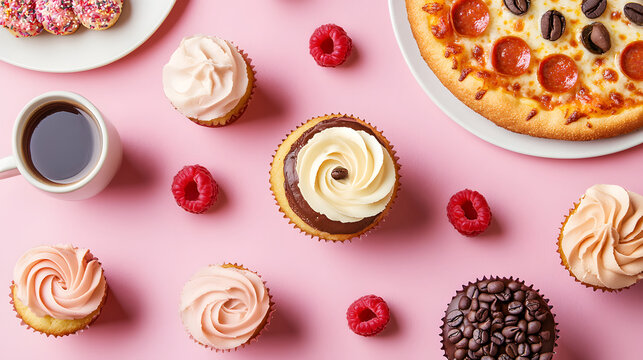 An advertisement concept highlighting a delivery service that brings cupcakes, pizza, and coffee right to your doorstep, emphasizing convenience and indulgence.