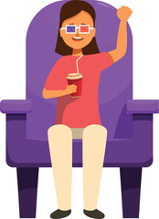 Young woman is raising her arm in excitement while watching a 3d movie, holding a drink in her other hand