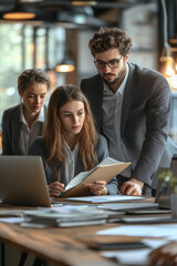 business people working together in office. business people working on laptop in cafe. AI Generated