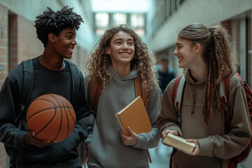 basketball players with balls in the school. group of students in the university. AI Generated