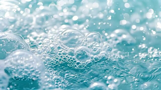 Soap foam with bubbles fly and burst on blue background. Detergent foam bubble on water, soap sud. Face cleansing mousse smudge, shower gel, hair shampoo foam smear texture. Beauty, clean and laundry