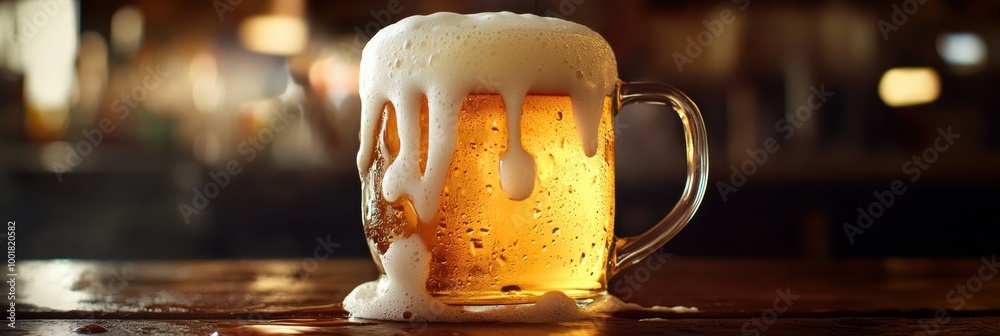 Poster A frothy beer mug overflowing with foam on a rustic wooden table in a cozy tavern atmosphere. Generative AI