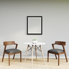 Mockup frame on table in living room interior on empty white wall background. 3D Rendering