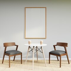 Mockup frame on table in living room interior on empty white wall background. 3D Rendering