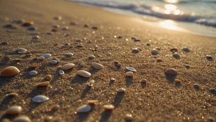 Close-up of beach sand at sunset with seashells scattered across