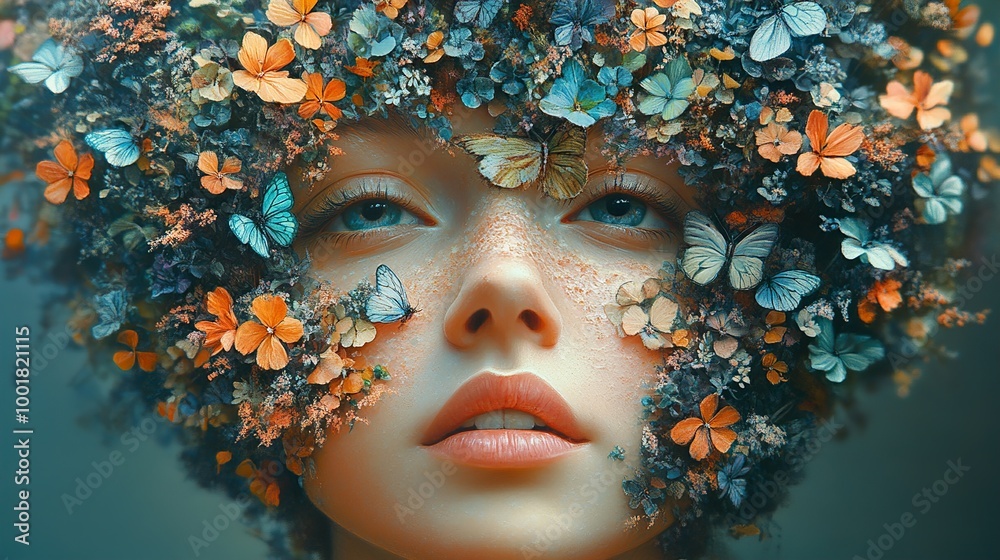 Canvas Prints Woman's Face Adorned with Flowers and Butterflies