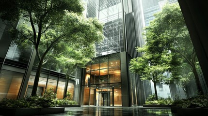 Serene Urban Oasis: Lush Greenery Surrounds Sleek Glass Facade